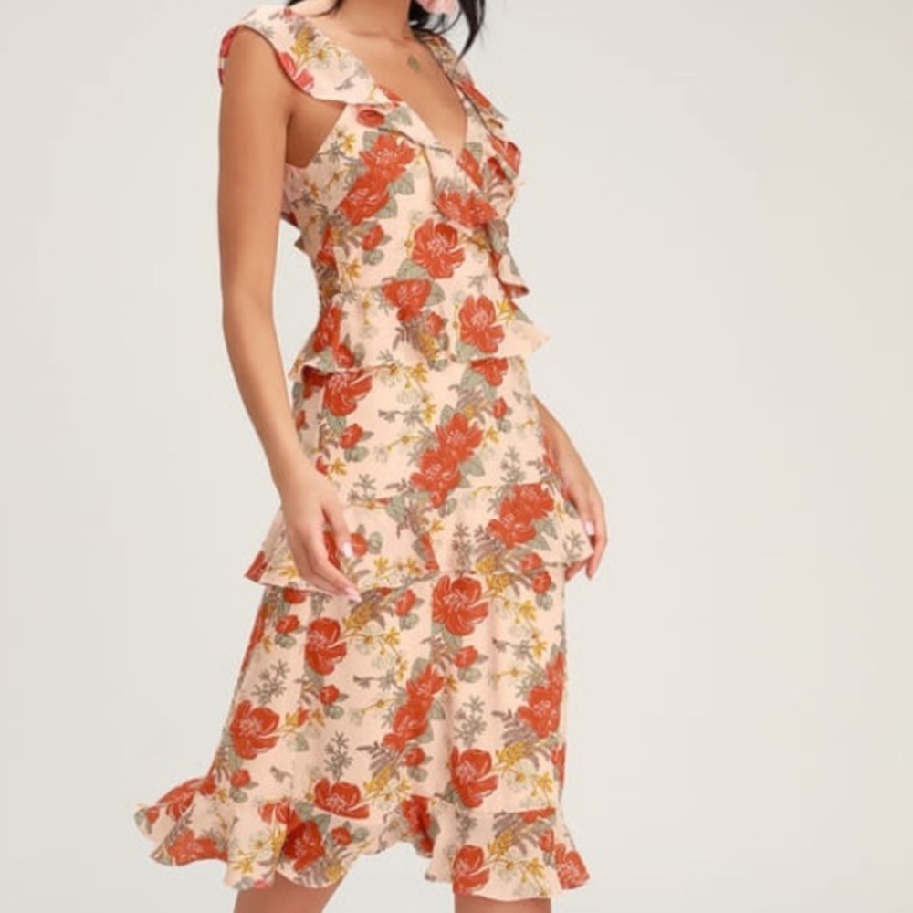 Lulus Fleur Evermore Pink Ruffle Tiered Midi Dress